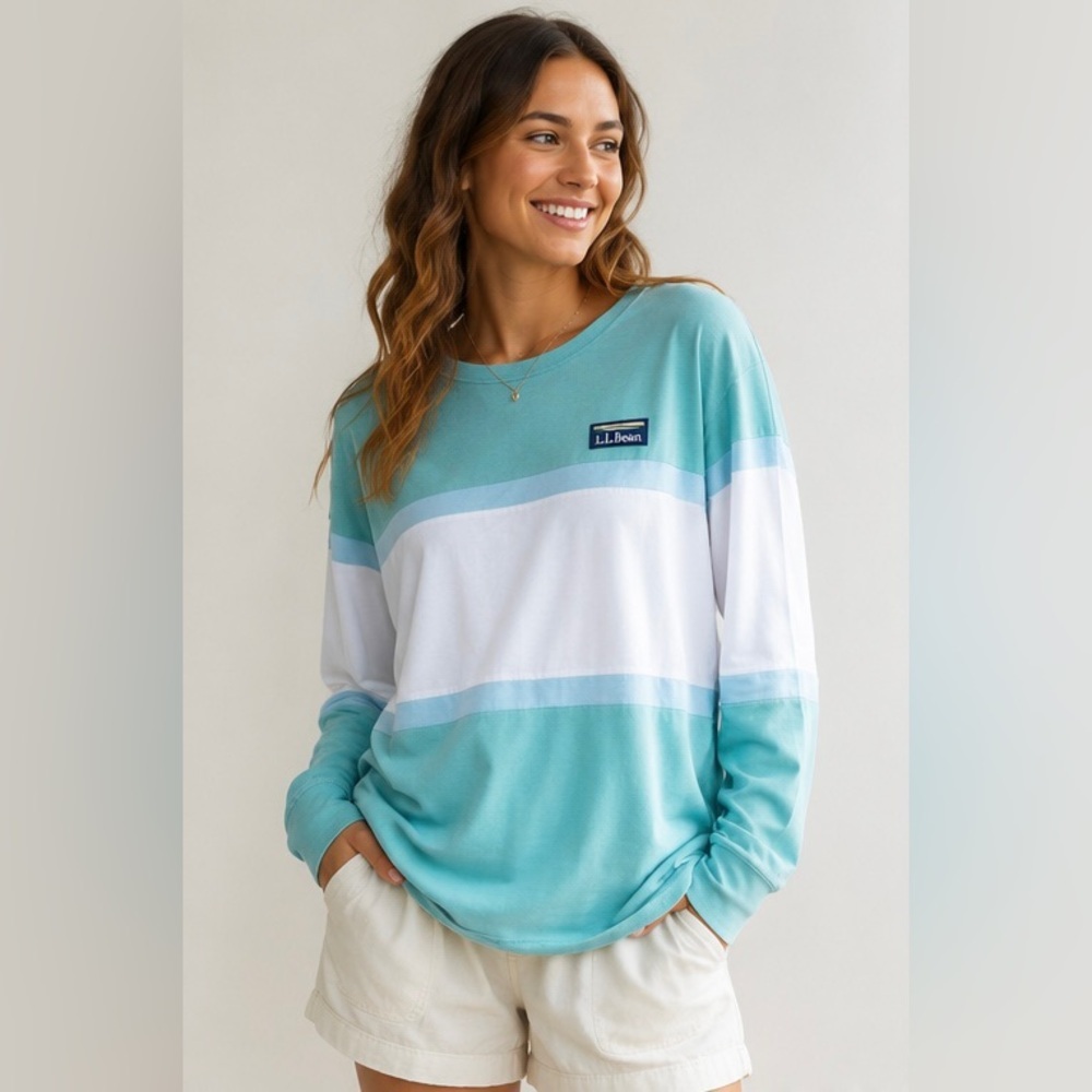 L.L. Bean Aqua Blue & White Colorblock Long Sleeve Tee Size Large